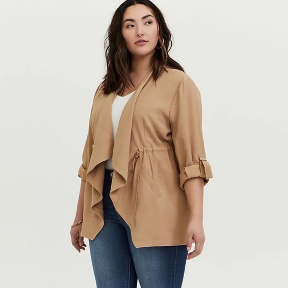 torrid Camel Draped Utility Jacket with Roll-Tab Sleeves